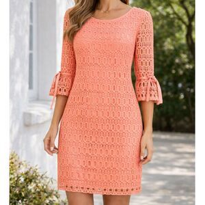 R&K Coral Lace Bell Sleeve Dress Tie Sleeve Boho Size 10 Feminine